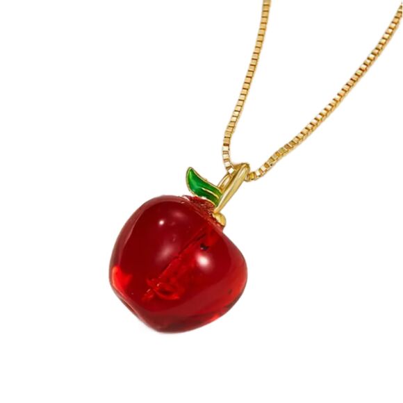 Red Apple Green Leaf on a Gold Chain Necklace - Picture 5 of 8